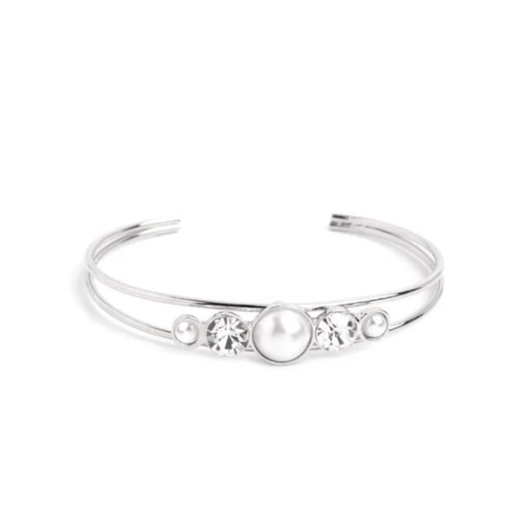 Paparazzi Silver and White Crystal Bracelet Wedding Waltz White Pearl Jewelry